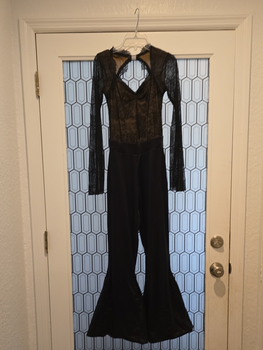 Black Lace Bodice Flared Jumpsuit - Elegant Women's Dance Costume